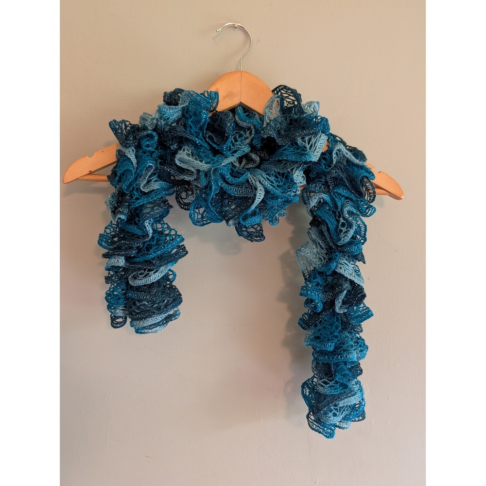 Vintage Y2K Blue Ombre Ruffle Scarf Metallic Silver Shimmer Mesh Knit Sash